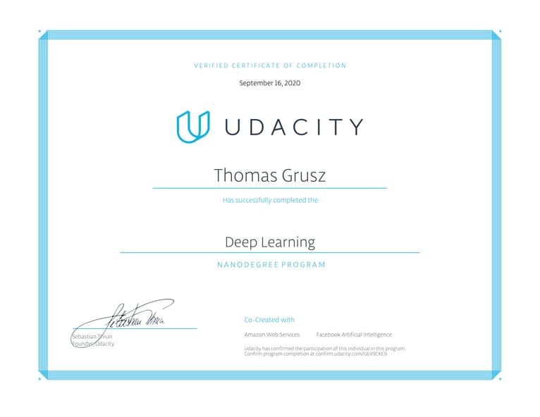 Deep Learning Certificate by Udacity