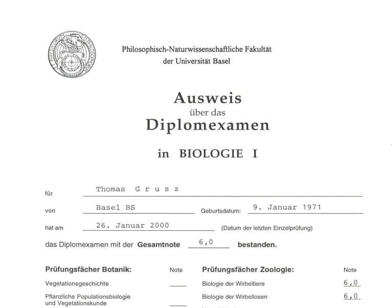 Master of Biology Certificate by University of Basel