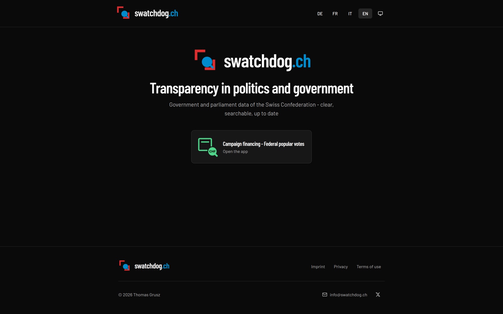 Screenshot of the swatchdog.ch hub