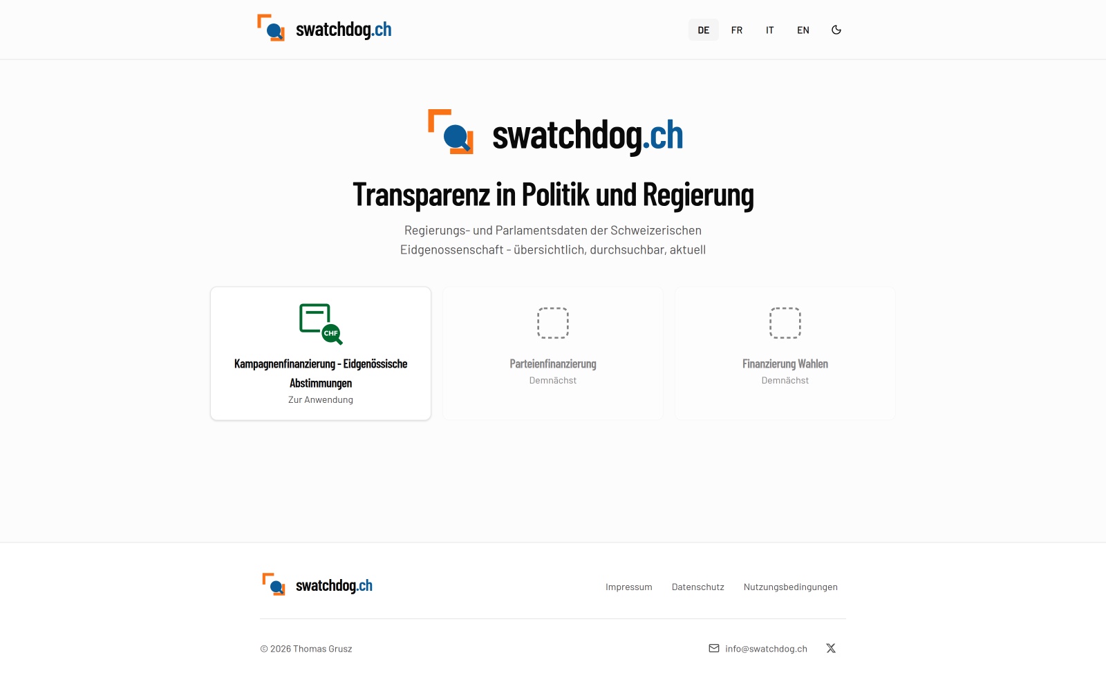 Screenshot of the swatchdog.ch hub